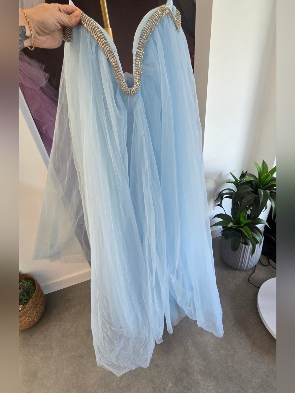 Light Blue Tulle Maxi Deep V Strapless Gown with Embellished Top. Fashion Nova